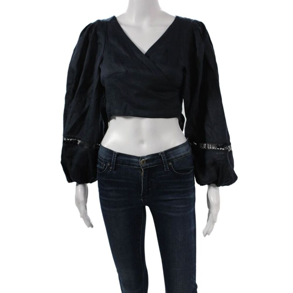 BOTEH Womens Cropped Linen V-Neck Tie Long Sleeve Blouse Size 4